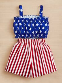 SHEIN Tween Girl Star Print Cami Top & Striped Bow Front Shorts - Multicolor - View 2