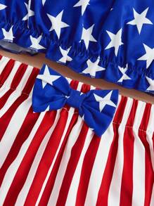 SHEIN Tween Girl Star Print Cami Top & Striped Bow Front Shorts - Multicolor - View 3