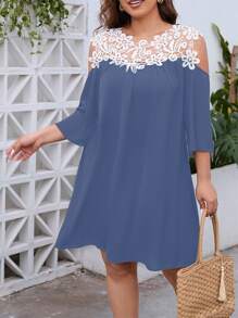 SHEIN Clasi Plus Guipure Lace Cold Shoulder Dress - Dusty Blue - View 4