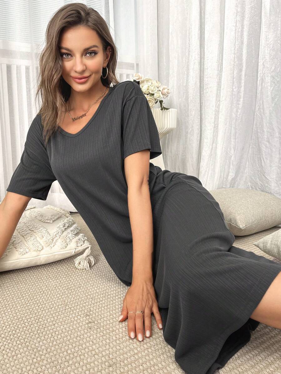 Vestido homewear unicolor tejido de canalé - Gris Oscuro - Ver 1