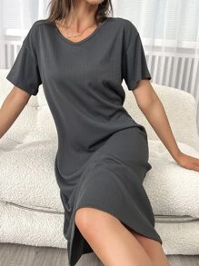 Vestido homewear unicolor tejido de canalé - Gris Oscuro - Ver 3