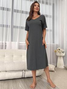 Vestido homewear unicolor tejido de canalé - Gris Oscuro - Ver 5