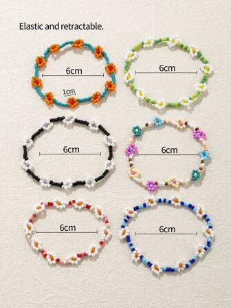 6pcs Flower Decor Beaded Bracelet Valentines,Mom,Mother,Mother's Day,Gift