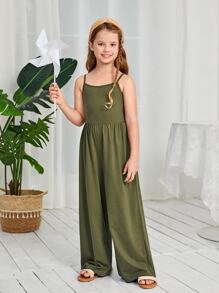 SHEIN Leap Crew Bộ đồ liền thân bó sát màu trơn đơn giản cho bé gái tuổi mới lớn - xanh quân đội - Xem 7