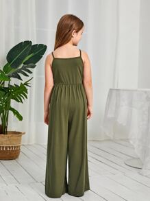 SHEIN Leap Crew Bộ đồ liền thân bó sát màu trơn đơn giản cho bé gái tuổi mới lớn - xanh quân đội - Xem 2