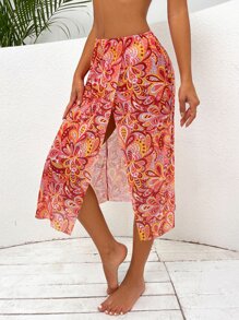 Allover Print Split Thigh Cover Up Skirt - Orange - View 1