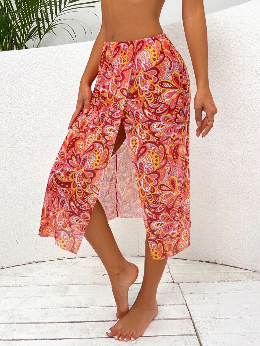 Allover Print Split Thigh Cover Up Skirt - Orange - View 1