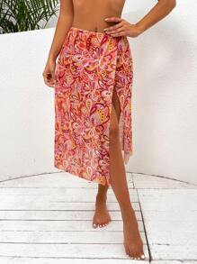 Allover Print Split Thigh Cover Up Skirt - Orange - View 3