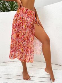 Allover Print Split Thigh Cover Up Skirt - Orange - View 4