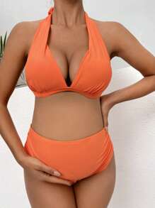 SHEIN Maternity Solid Halter Bikini Set, Summer Beach Bathing Suit - Orange - View 1