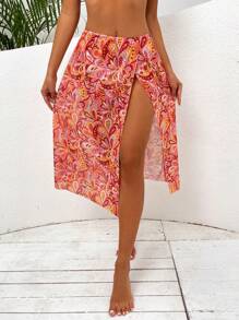 Allover Print Split Thigh Cover Up Skirt - Orange - View 5