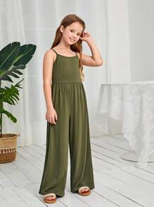 SHEIN Leap Crew Bộ đồ liền thân bó sát màu trơn đơn giản cho bé gái tuổi mới lớn - xanh quân đội - Xem 6
