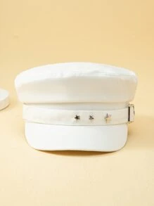 1入組女士們白色金屬五尖星形裝飾平頂形短邊緣遮陽板時尚報童帽適用於日常穿著 - 白色 - 查看 3