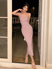 DAZY Váy dạ hội dệt kim gân trơn - Hồng - Xem 7
