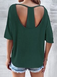 SHEIN LUNE 後鏤空蝙蝠袖T恤 - 墨綠色 - 查看 2