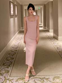 DAZY Váy dạ hội dệt kim gân trơn - Hồng - Xem 8