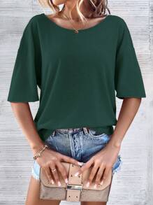 SHEIN LUNE 後鏤空蝙蝠袖T恤 - 墨綠色 - 查看 3