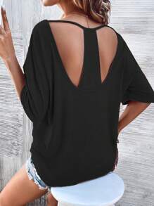 SHEIN LUNE Cut Out Back Batwing Sleeve Tee - Black - View 1