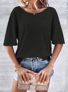 SHEIN LUNE Cut Out Back Batwing Sleeve Tee - Black - View 2