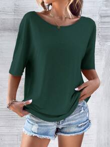 SHEIN LUNE 後鏤空蝙蝠袖T恤 - 墨綠色 - 查看 4