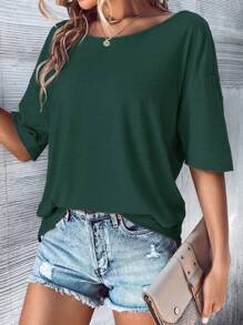 SHEIN LUNE 後鏤空蝙蝠袖T恤 - 墨綠色 - 查看 5