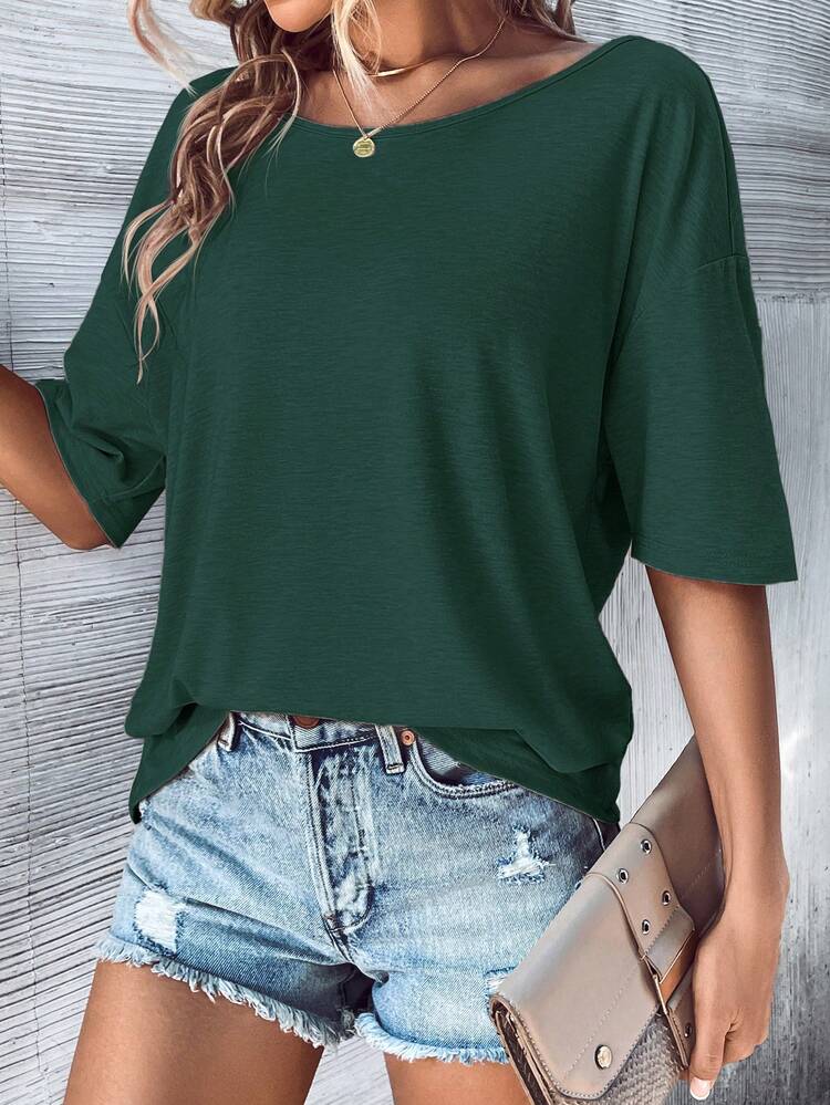 SHEIN LUNE 後鏤空蝙蝠袖T恤 - 墨綠色 - 查看 5