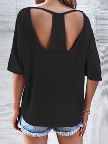 SHEIN LUNE Cut Out Back Batwing Sleeve Tee - Black - View 3