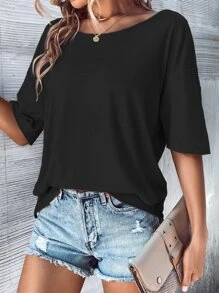 SHEIN LUNE Cut Out Back Batwing Sleeve Tee - Black - View 4