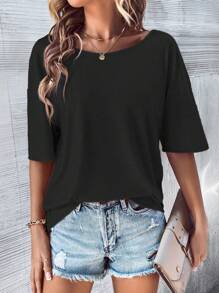 SHEIN LUNE Cut Out Back Batwing Sleeve Tee - Black - View 6