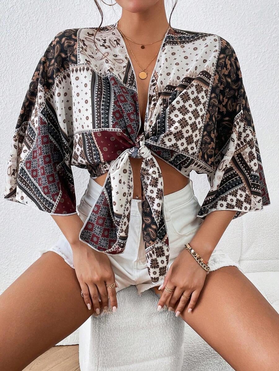 SHEIN Frenchy 圍巾圖案蝙蝠袖前打結短款上衣 - 彩色 - 查看 1