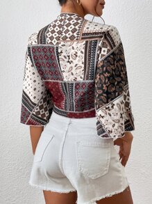 SHEIN Frenchy 圍巾圖案蝙蝠袖前打結短款上衣 - 彩色 - 查看 2