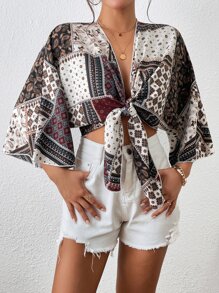 SHEIN Frenchy 圍巾圖案蝙蝠袖前打結短款上衣 - 彩色 - 查看 3