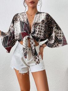 SHEIN Frenchy 圍巾圖案蝙蝠袖前打結短款上衣 - 彩色 - 查看 4