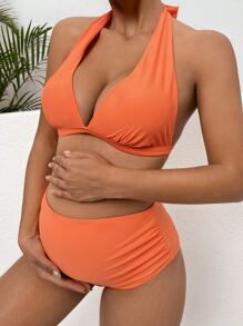 SHEIN Maternity Solid Halter Bikini Set, Summer Beach Bathing Suit - Orange - View 3