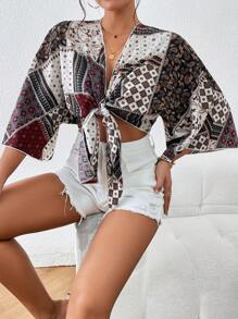 SHEIN Frenchy 圍巾圖案蝙蝠袖前打結短款上衣 - 彩色 - 查看 5