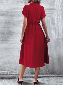 Rafferiza Solid Button Front Shirt Dress Without Belt For New Year Clothes Maxi Women Outfit - Red - View 2