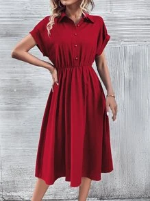 Rafferiza Solid Button Front Shirt Dress Without Belt For New Year Clothes Maxi Women Outfit - Red - View 3