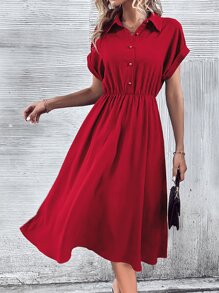 Rafferiza Solid Button Front Shirt Dress Without Belt For New Year Clothes Maxi Women Outfit - Red - View 5