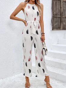 SHEIN LUNE Feather Print Belted Halter Jumpsuit