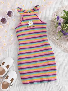 SHEIN Young Girl Floral & Letter Print Striped Halter Dress - Multicolor - View 1