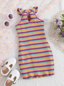 SHEIN Young Girl Floral & Letter Print Striped Halter Dress - Multicolor - View 2