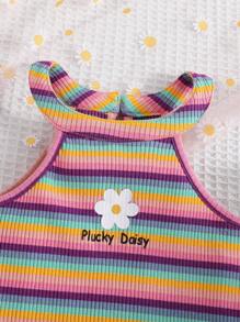 SHEIN Young Girl Floral & Letter Print Striped Halter Dress - Multicolor - View 4