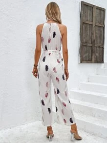 SHEIN LUNE Feather Print Belted Halter Jumpsuit