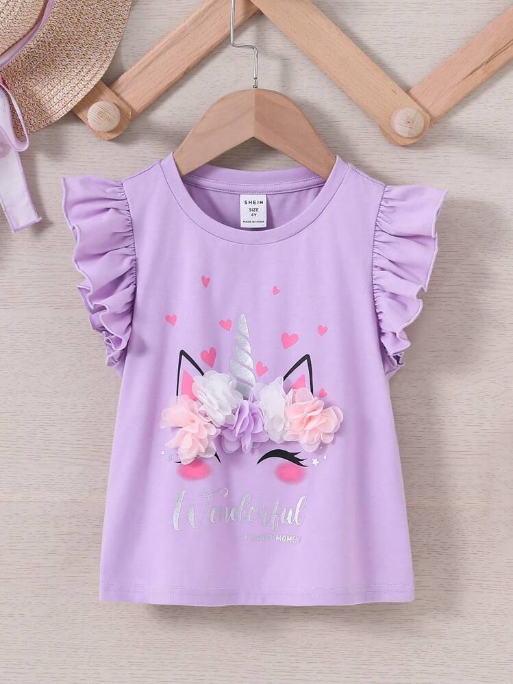 SHEIN Petite Fille T-shirt Licorne & À Lettres Applique À Volants - Lilas - Voir 1