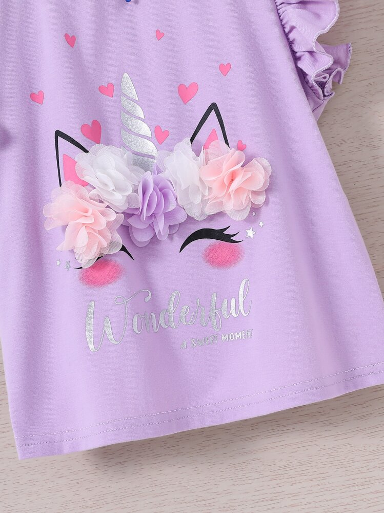 SHEIN Petite Fille T-shirt Licorne & À Lettres Applique À Volants - Lilas - Voir 3