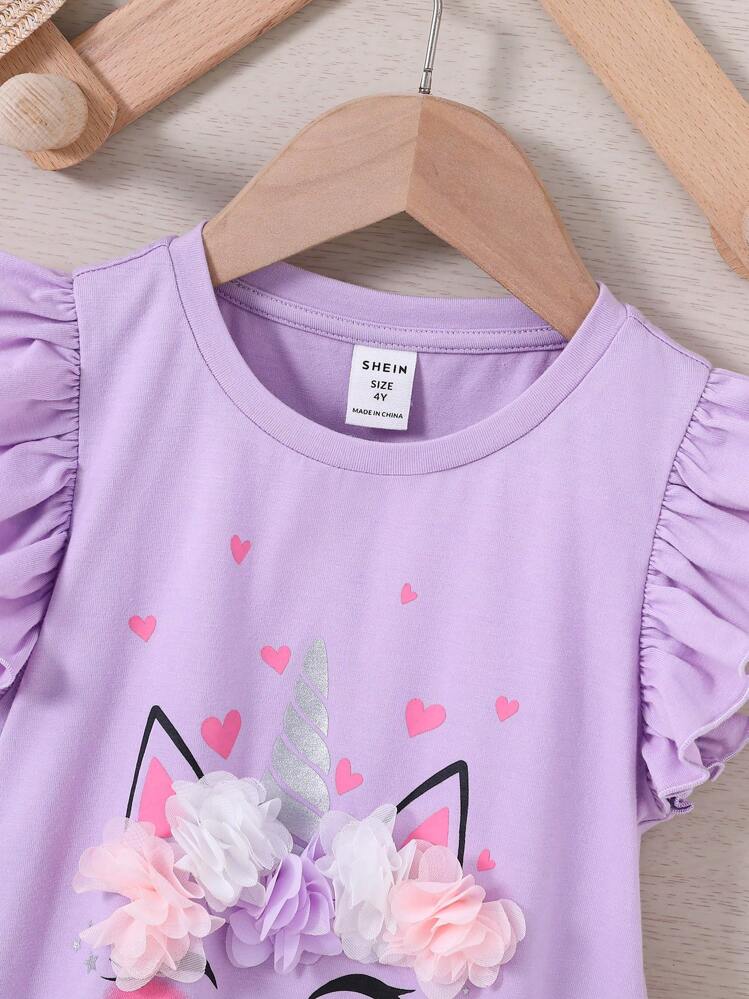 SHEIN Petite Fille T-shirt Licorne & À Lettres Applique À Volants - Lilas - Voir 4