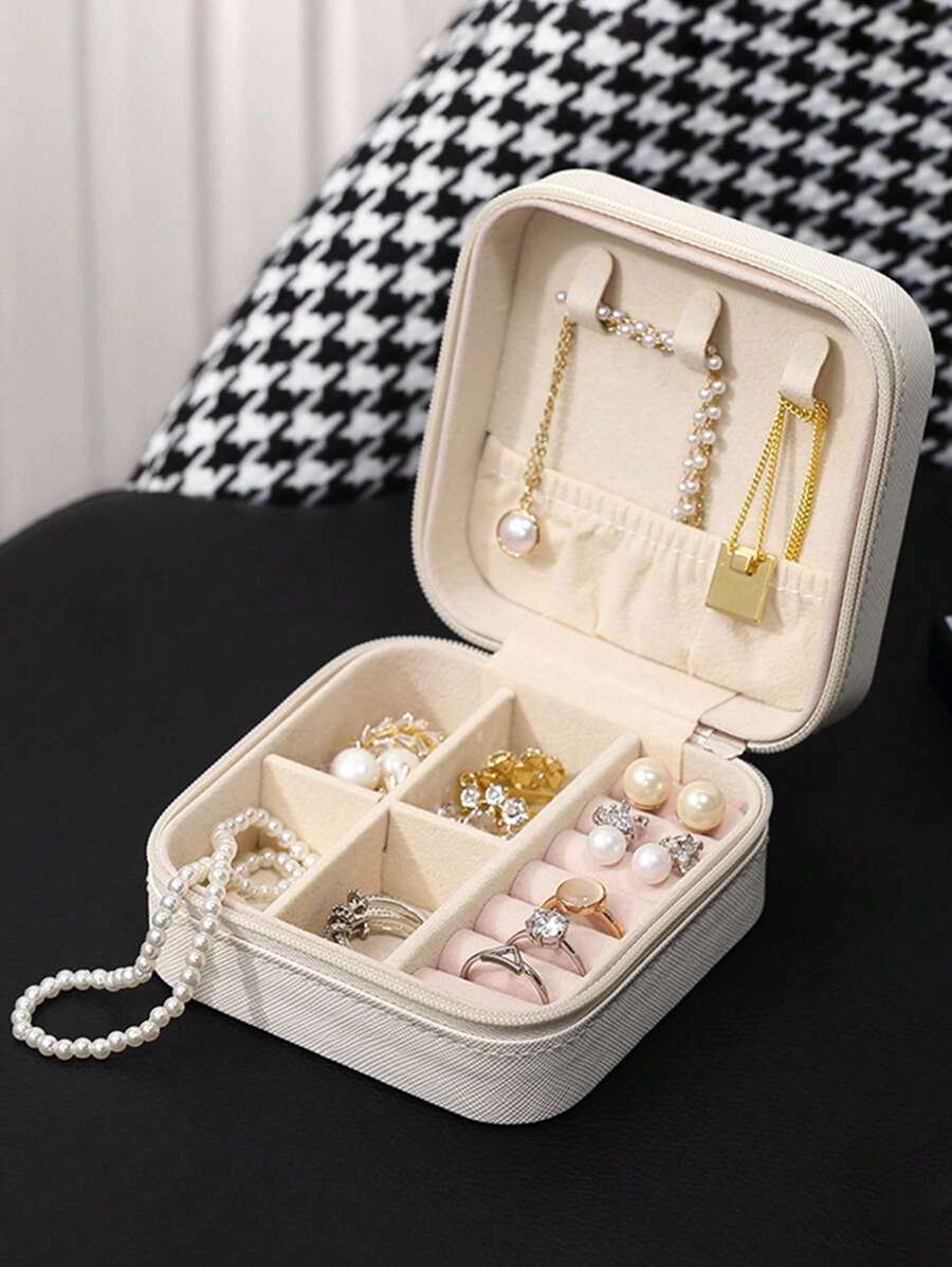 1pc Portable Jewelry Box, Minimalist Square Multi-Grid Jewelry Storage Box For Travel, Gift For Valentine's Day - White - View 1