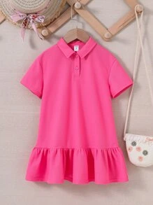 SHEIN Niñas Vestido con estampado de slogan bajo con fruncido - Rosa Fucsia - Ver 2