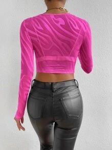 SHEIN Privé 滿版印花短款網紗上衣不附胸罩 - 玫紅色 - 查看 2