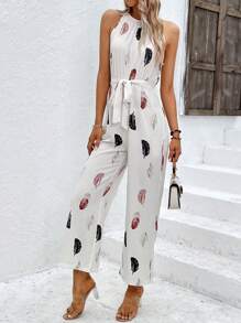 SHEIN LUNE Feather Print Belted Halter Jumpsuit